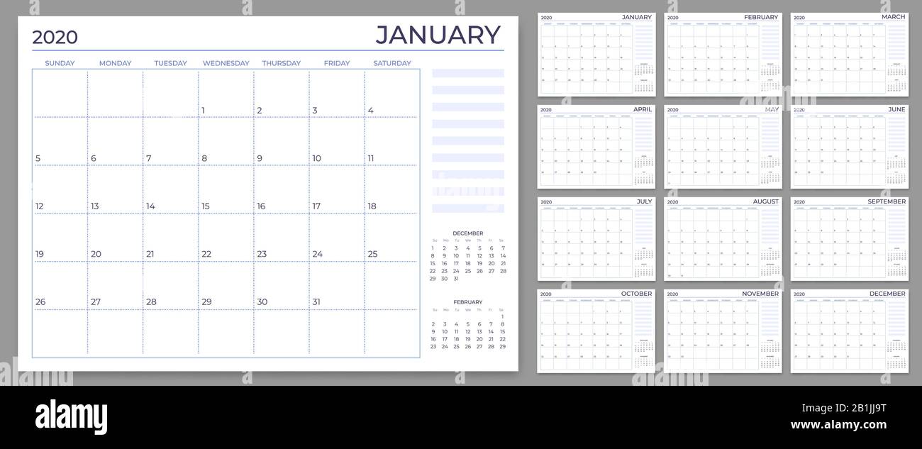 Vorlage für monatlichen Planer. Jahreskalender stellt Raster, Planer 2020-Blätter und Jahreszeitenkalender als Vektor fest Stock Vektor