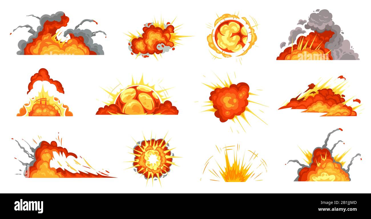 Zeichentrickexplosionen. Explodierende Bombe, Brandwolke und Explosionsexplosion - Vektorgrafiken Stock Vektor