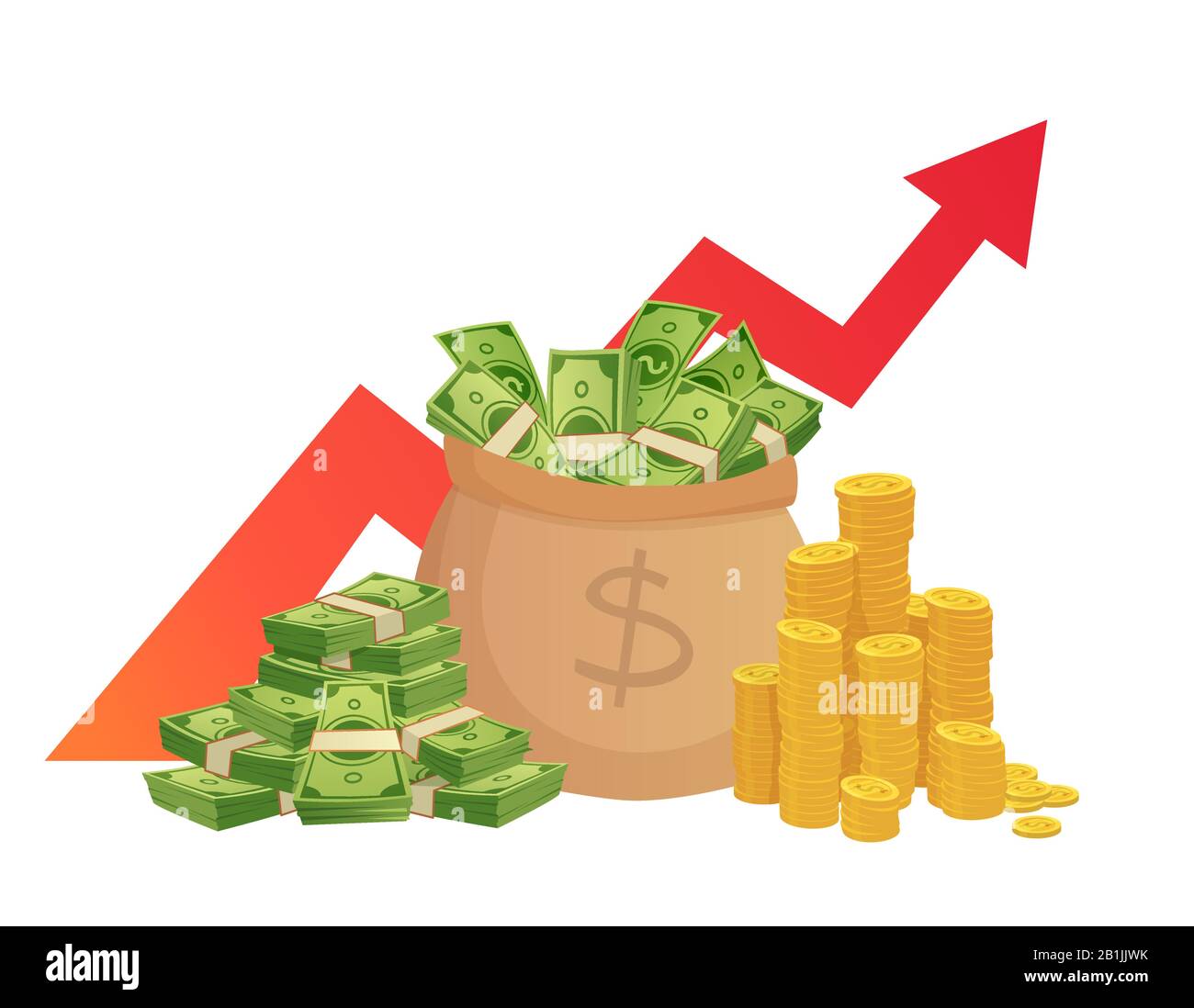 Cartoon Einsparungen Wertsteigerung. Geldgewinnsteigerung, Diagramm der profitablen Investitionen mit rotem Grafikpfeil und Vektorgrafiken für den Geldstapel Stock Vektor