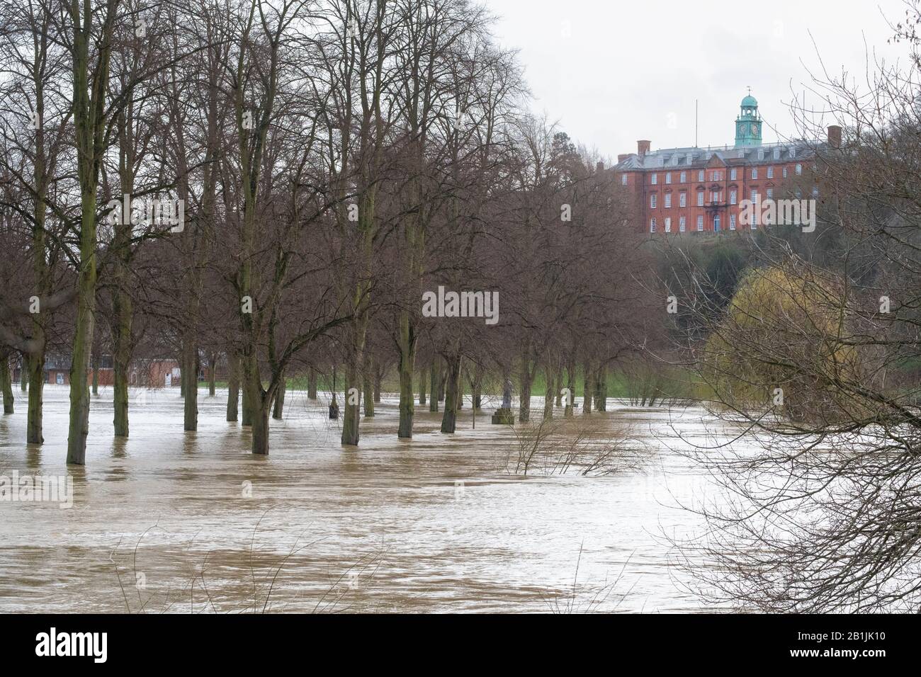 Shrewsbury School oberhalb des überfluteten River Severn, der durch die Victoria Avenue in The Quarry, Shrewsbury, Shropshire, England, Großbritannien fließt Stockfoto