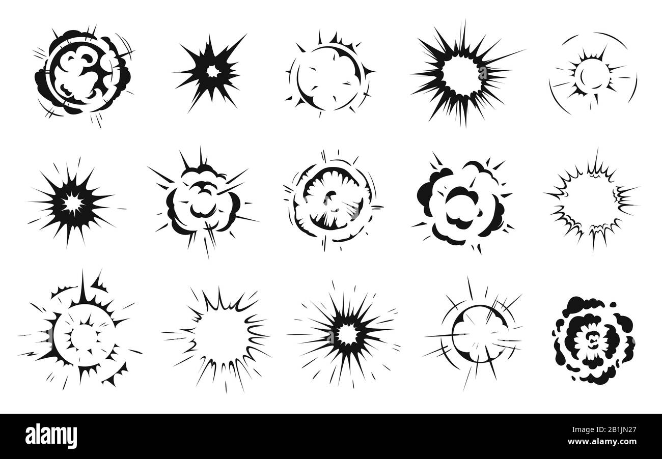 Radiale ExplosionsSilhouette. Explodierende Bursts, runde Explosionen Wolke und explodierte Bombeneffekte schwarze Silhouetten Grafik-Vektor-Set Stock Vektor