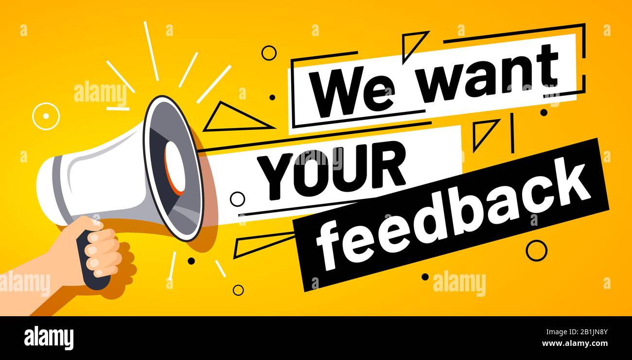 Wir möchten Ihr Feedback. Kundenfeedbacks Meinungsumfrage Service, Megafon in Hand Werbebanner Vektor Illustration Stock Vektor