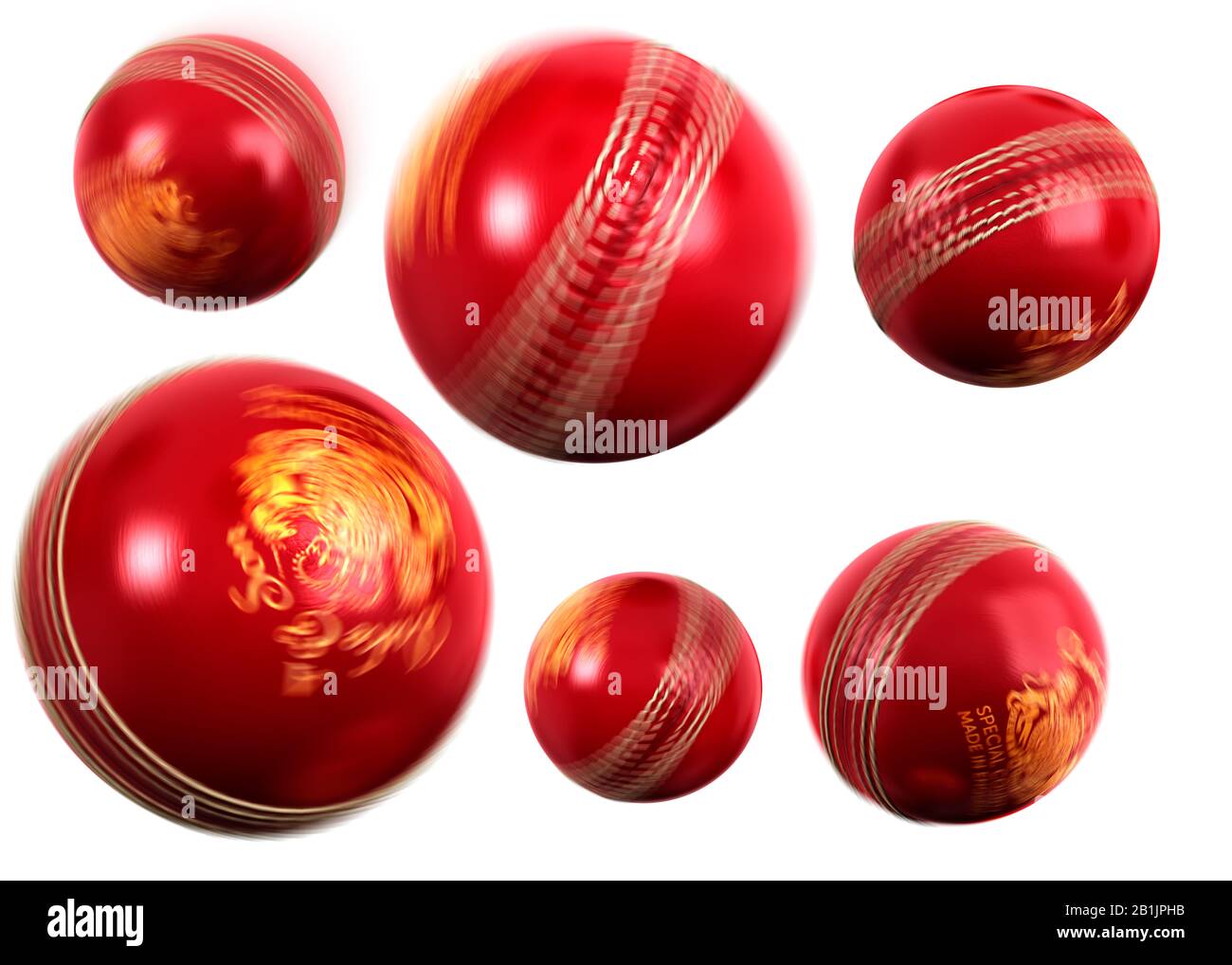 Cricket-Bälle, die sich in Bewegung drehen, werden in einem weißen Hintergrund ausgeschnitten Stockfoto