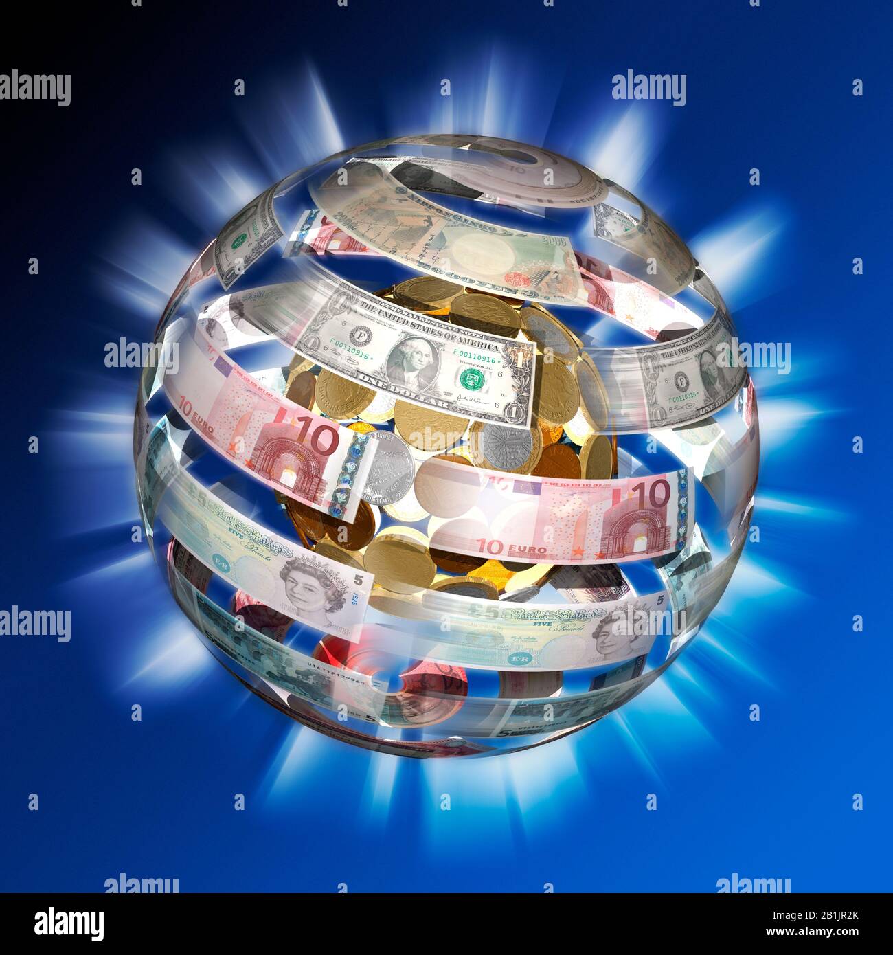 Geld macht die Welt umher. Ein Globus aus internationalen Währungen Stockfoto