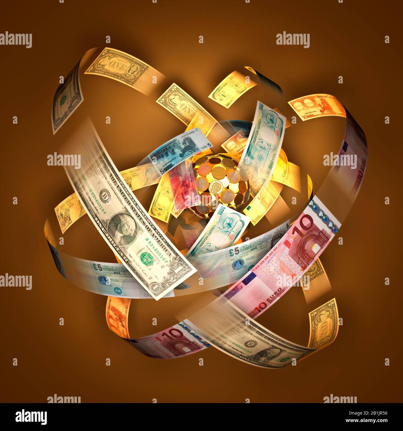 Atomgeld. Internationale Währungen. Banknoten umkreisen einen Planeten aus Münzen. Stockfoto