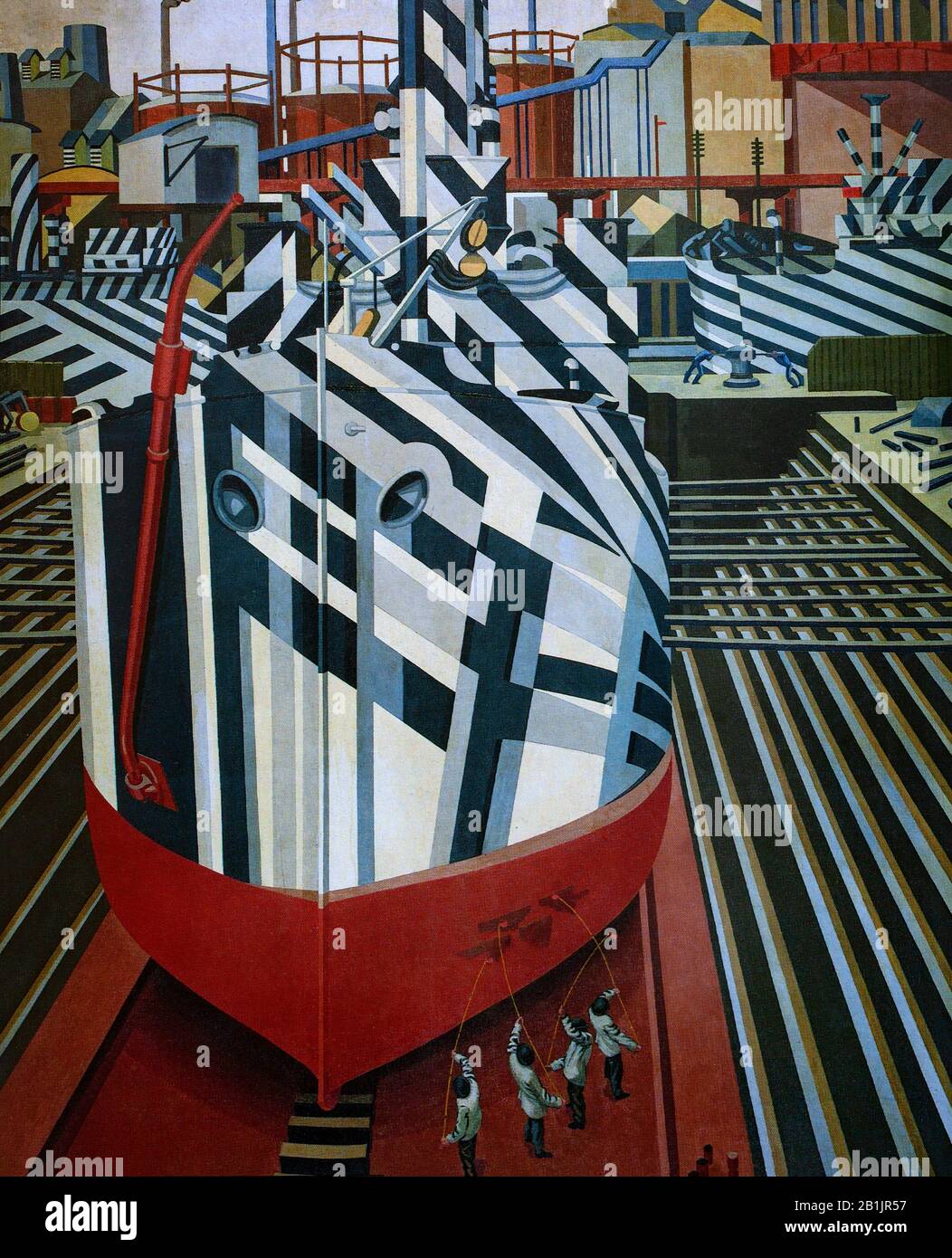'Dazzled Ships in Dry Dock, Liverpool' von Edward Alexander Wadsworth ARA (1889-1949) war ein englischer Künstler, der vor allem für seine enge Verbindung mit Vorticism bekannt ist. Er malte, oft in Tempera, Küstenansichten, Abstracts, Porträts und Stillleben und war auch Graveur auf Holz und Kupfer. Im Ersten Weltkrieg war er daran beteiligt, blendende Tarnentwürfe auf Schiffe für die Royal Navy zu übertragen, und nach dem Krieg malte er weiterhin nautische Themen. Siehe Alamy Image ID: H69FFB für Peter Blakes modern Take. Stockfoto
