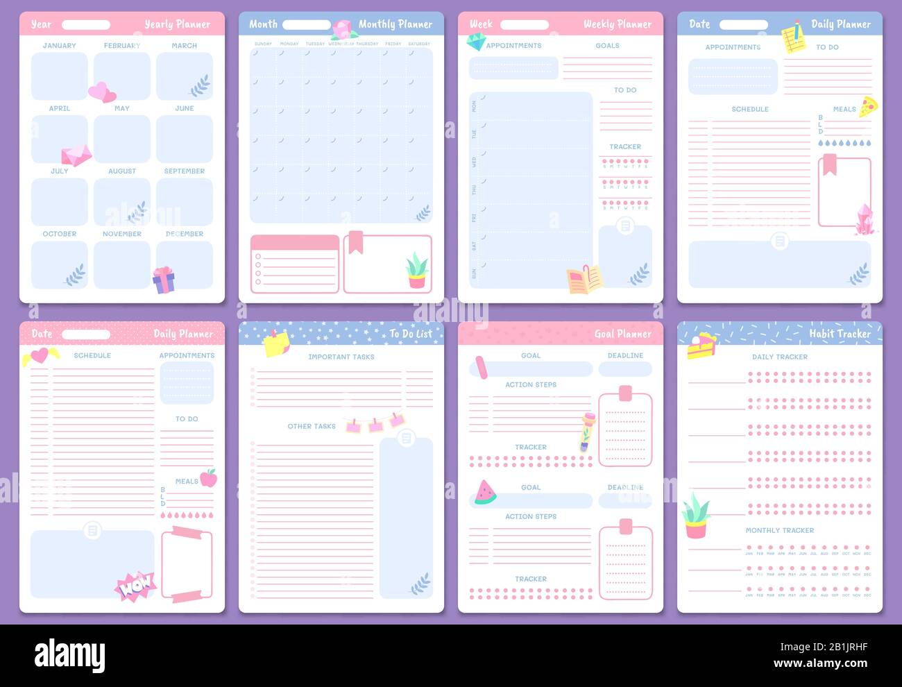 Niedliche Planervorlagen. Wochen-, Monats- und Jahresplaner. To-DO-Liste, Zielplaner und Habit Tracker Pages Design Vector Set Stock Vektor