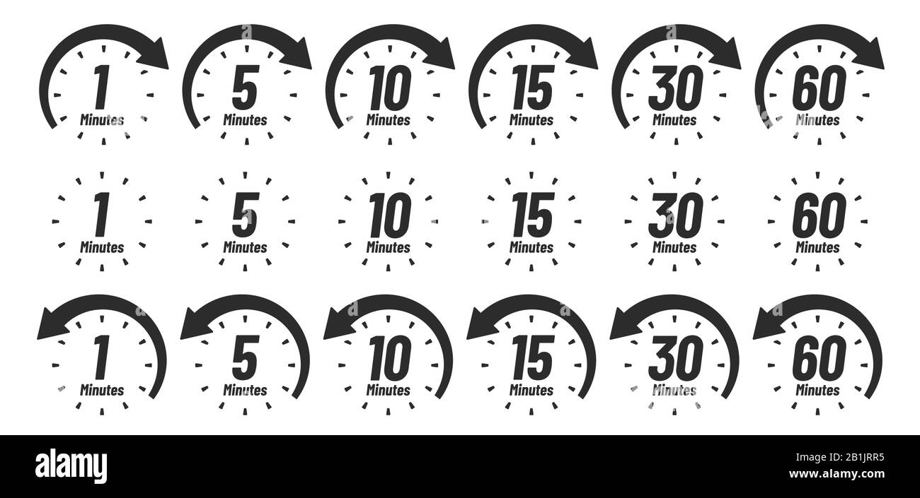 Minutenzeitsymbol. Analoge Taktsymbole, 1 5 10 15 30 60-Minuten-Uhren und Vorzeichen Vektor eingestellt Stock Vektor