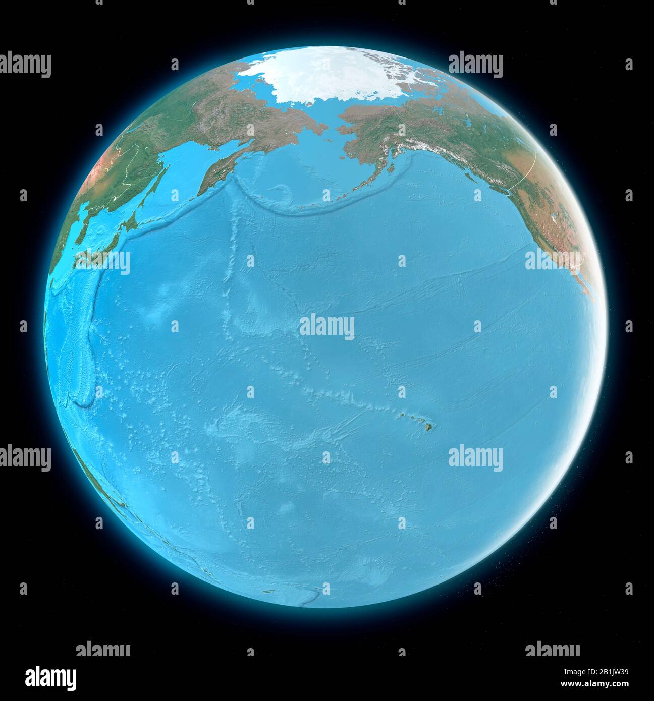 Weltkarte des Pazifischen Ozeans, Asiens und Amerikas. Hawaii. Kartografie, geografischer Atlas. 3D-Rendering Stockfoto