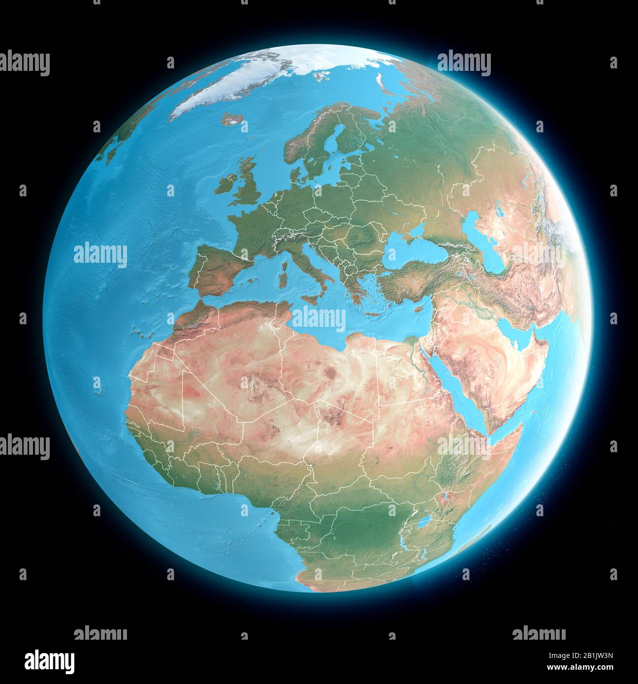 Weltkarte des Mittelmeers und Europas, Afrikas und des Nahen Ostens. Kartografie, geografischer Atlas. 3D-Rendering Stockfoto