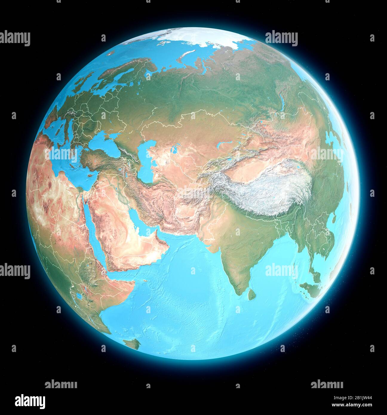 Weltkarte des Nahen Ostens und Asiens, Satellitenansicht, geographische Karte, Physik. Kartografie, Reliefatlas. 3D-Rendering Stockfoto