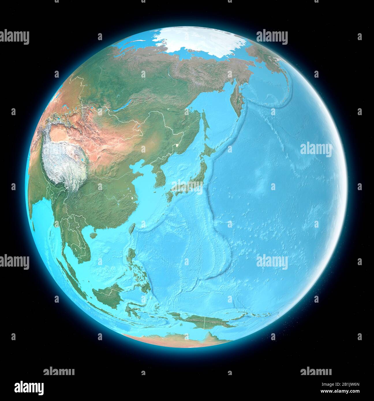 Weltkarte Ostasiens, Satellitenansicht, geographische Karte, Physik. Kartografie, Reliefatlas. 3D-Rendering Stockfoto