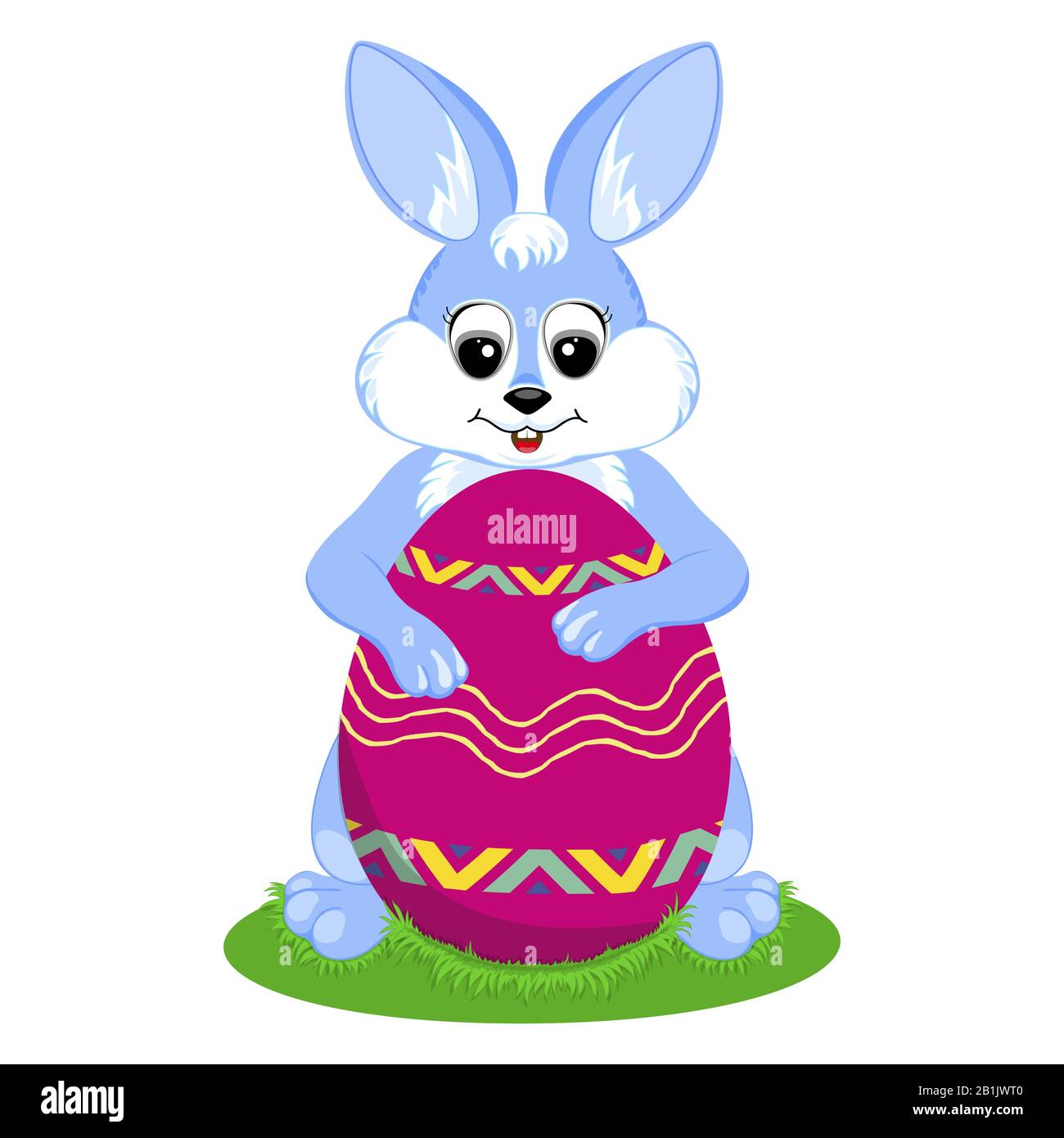Süßer Osterhase mit einem Osterei. Ein Hase hält ein bemaltes Ei. Vektor. Stock Vektor
