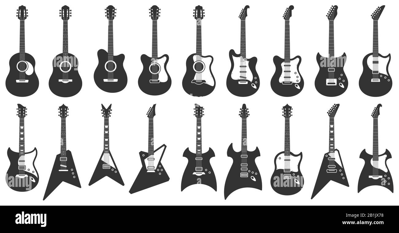 Schwarz-weiße Gitarren. Akustische Streicher Musikinstrumente, E-Rock Gitarre Silhouette und Schablonengitarren Ikonen Vektor-Set Stock Vektor