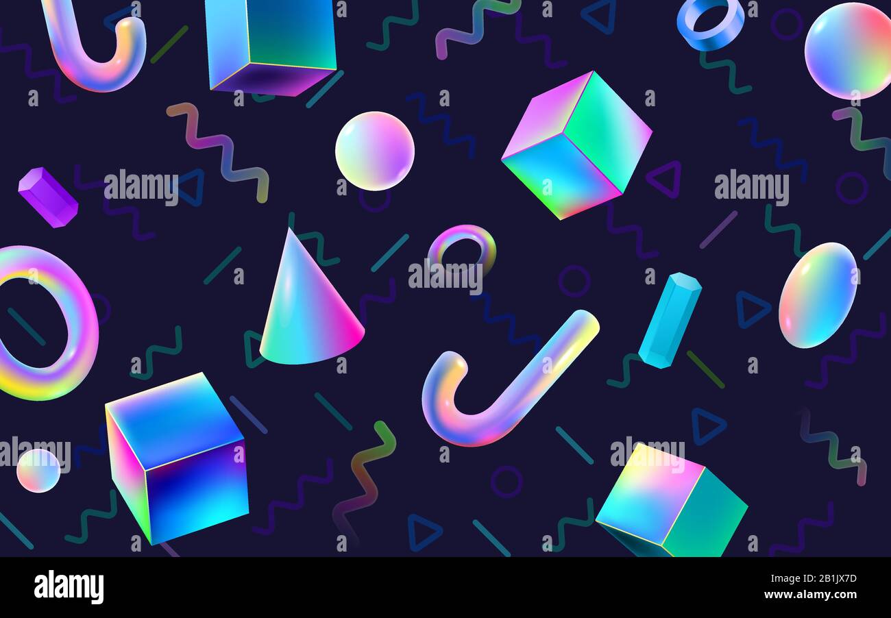 Abstrakte bunte geometrische 3D-Blöcke. Holographische Gradienten VR Polygonale Formen, Cyberspace Kunst und futuristischer memphis-vektor-Hintergrund der 80er Jahre Stock Vektor