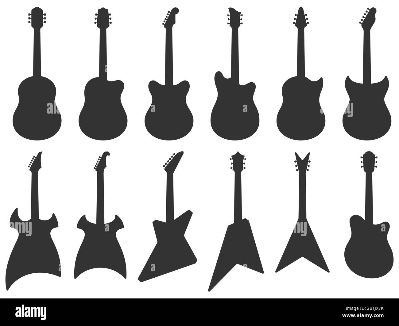 Gitarre Silhouette. Akustische Jazz Gitarren, Musikinstrumente Silhouetten und E-Rock Gitarre Form Vector Set Stock Vektor
