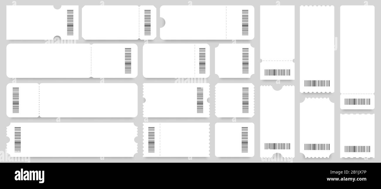 Ticket- oder Coupon-Vorlage. Leere weiße Tickets Mockup, Vintage Coupons mit Barcode-Vektorsatz Stock Vektor