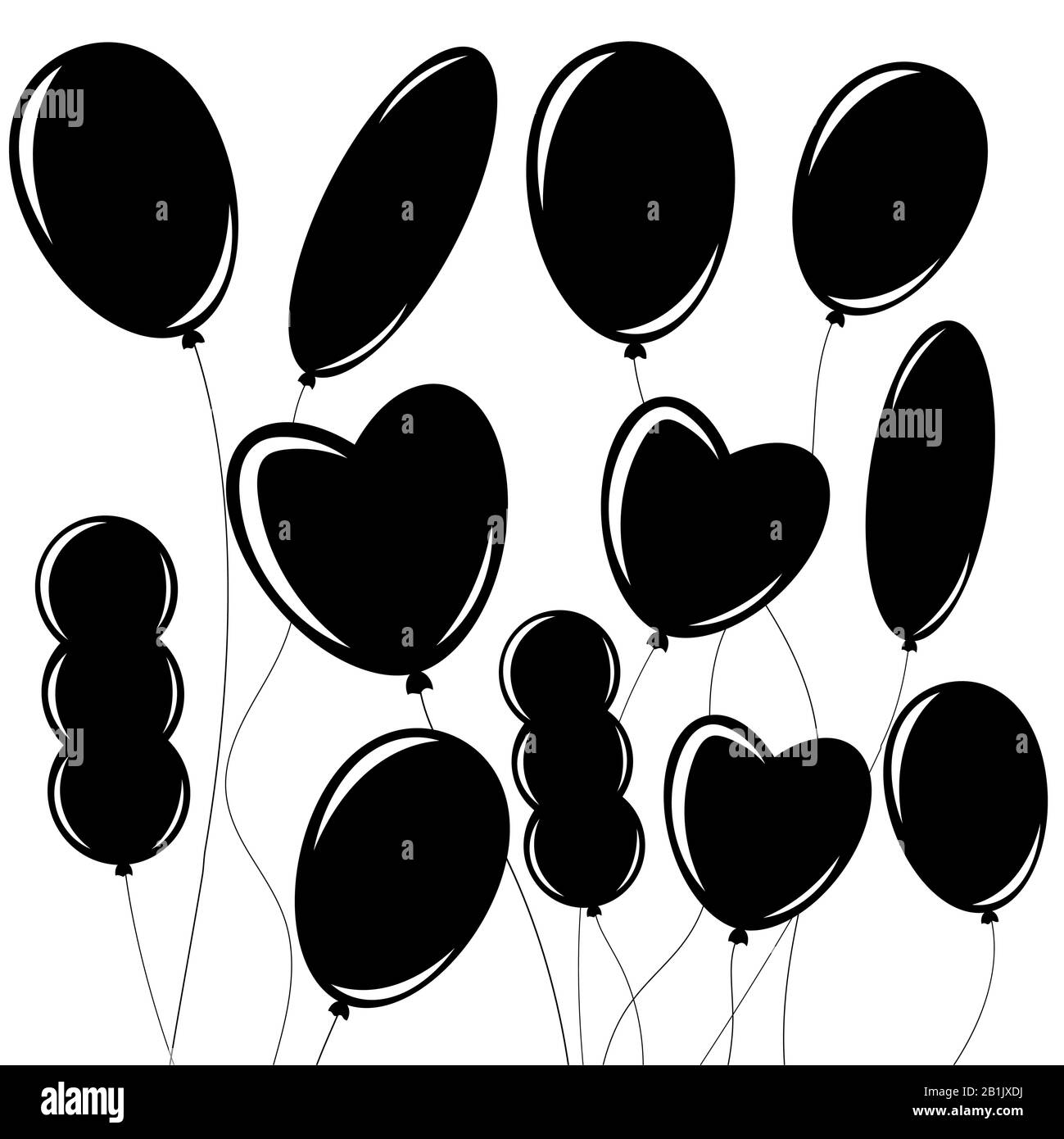 Satz flach isolierter schwarzer Silhouetten von Ballons an Seilen. Einfaches Design auf weißem Hintergrund Stock Vektor