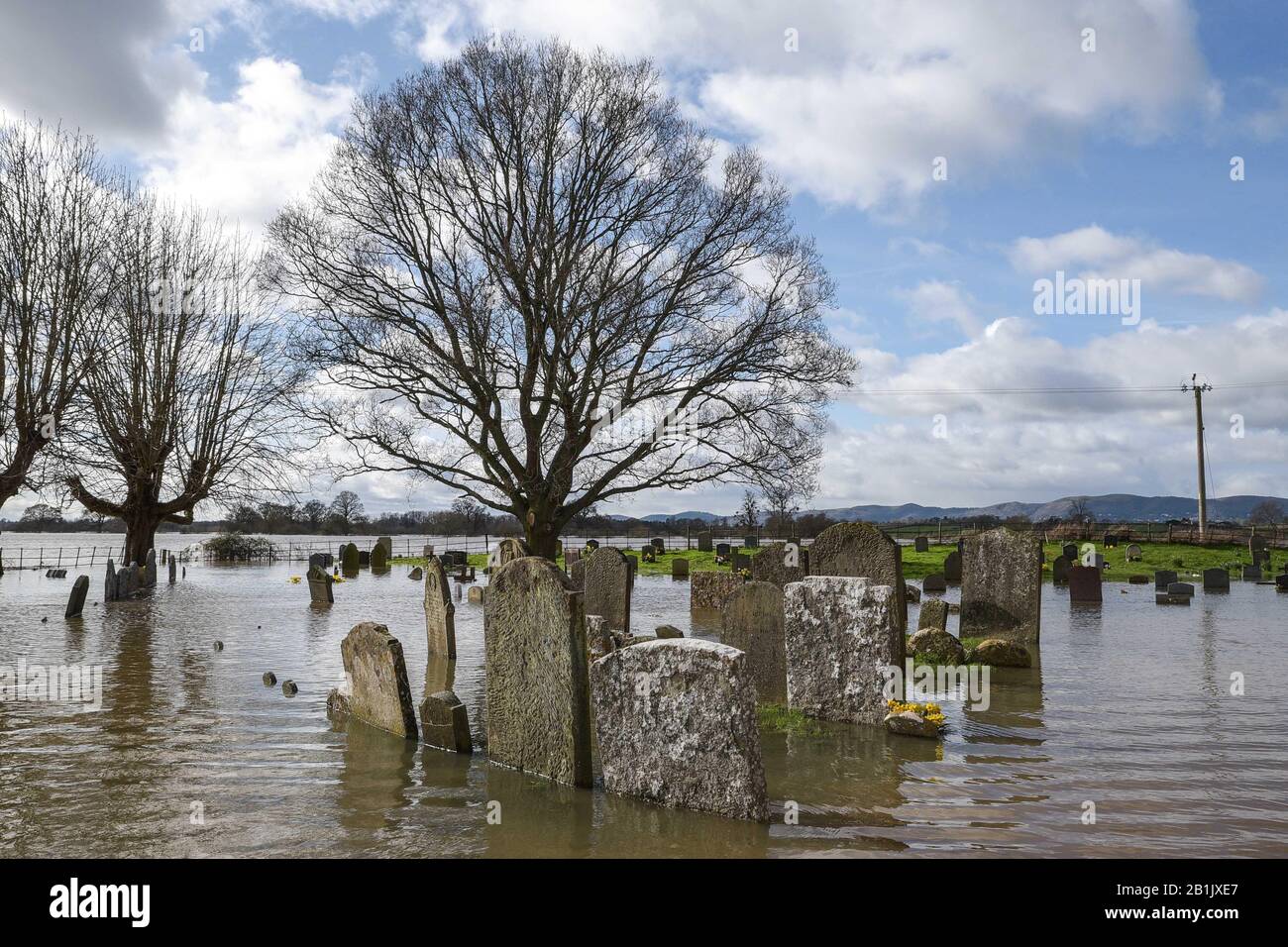 Severn Stoke, Worcestershire, Großbritannien. Februar 2020. Der kleine Weiler Severn Stoke in Worcestershire ist von Überschwemmungen umgeben, nachdem der Fluss Severn seine Ufer platzte. Die Kirche St. Denys war vollständig von Überschwemmungen umgeben und der Friedhof wurde mit Grabsteinen überflutet, die über dem Wasserspiegel stehen. Der Fluss Severn wird voraussichtlich bis zum späten Mittwochabend weiter ansteigen. Gutschrift: Sam Holiday/Alamy Live News Stockfoto