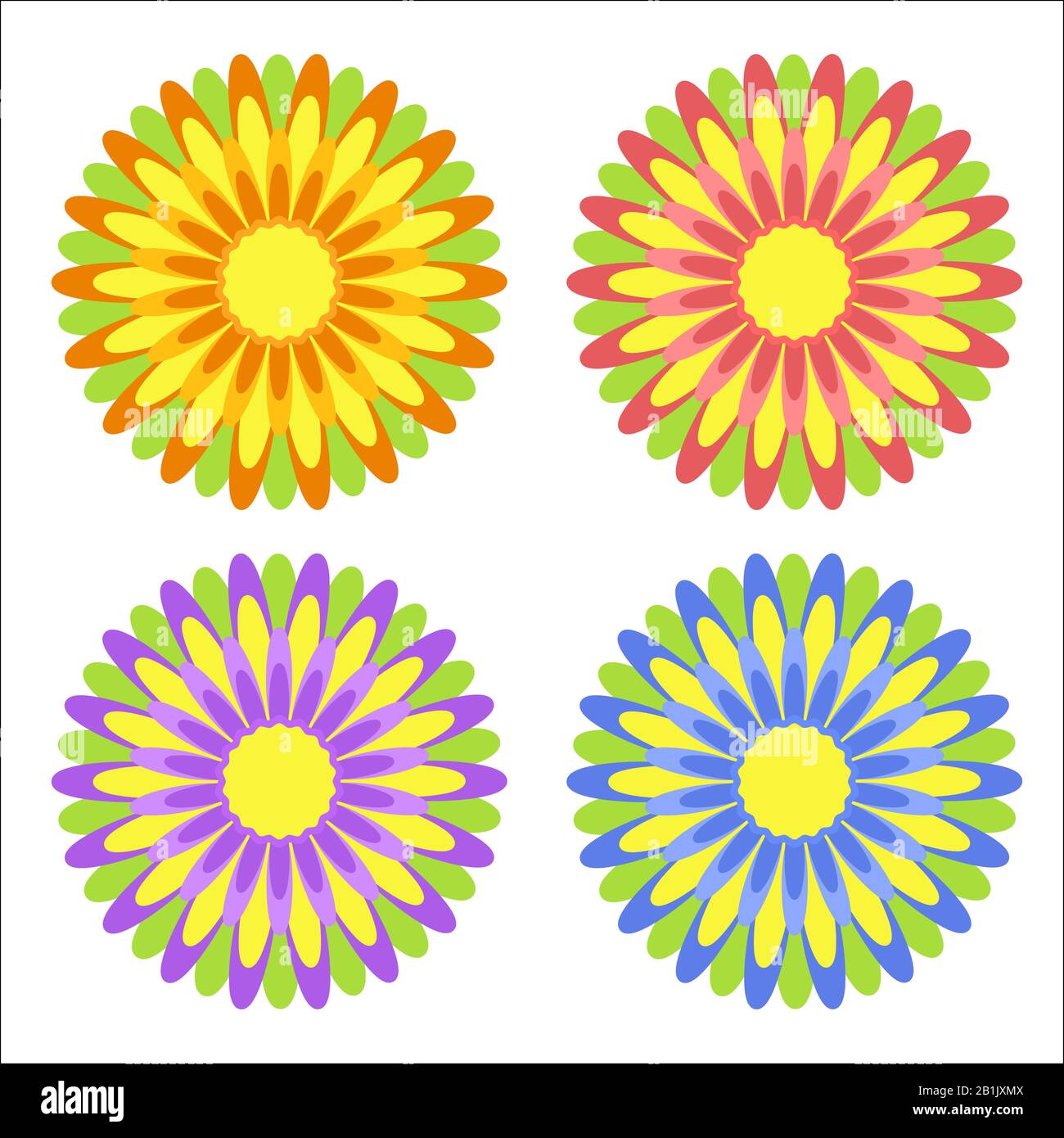 Set aus flach isolierten, gelb, rot, violett, blau abstrakten Blumen mit grünen Blättern auf weißem Grund. Einfaches Design für die Dekoration Stock Vektor