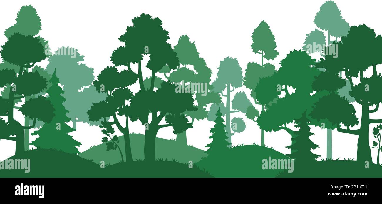 Silhouette der Waldbäume. Naturlandschaft, Grünparkallee und Baumsilhouetten Vektorgrafiken Stock Vektor