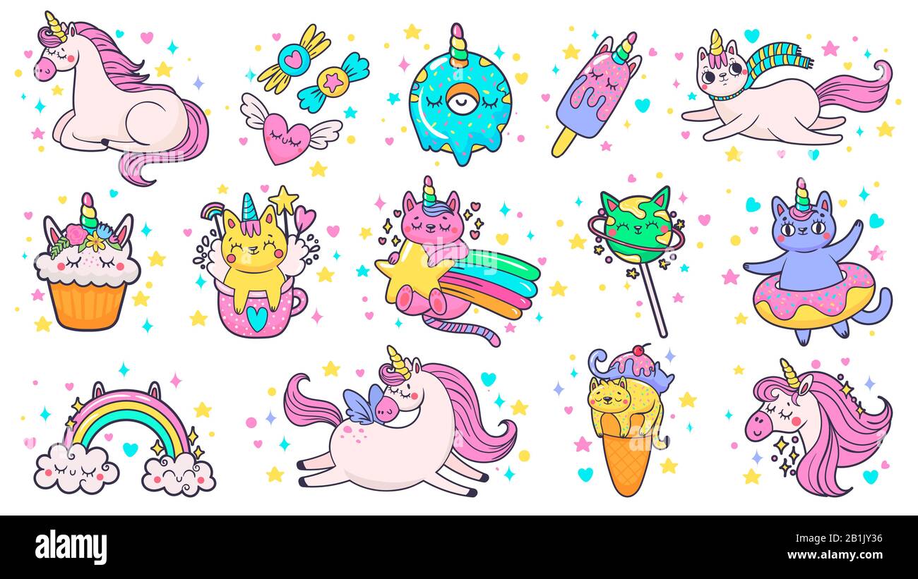 Süße, handgezeichnete Flecken. Magisches märchenhaftes Pony-Einhorn, fabelhafte Katz- und süße Süßigkeiten-Aufkleber Cartoon-Vektor-Illustrationsset Stock Vektor