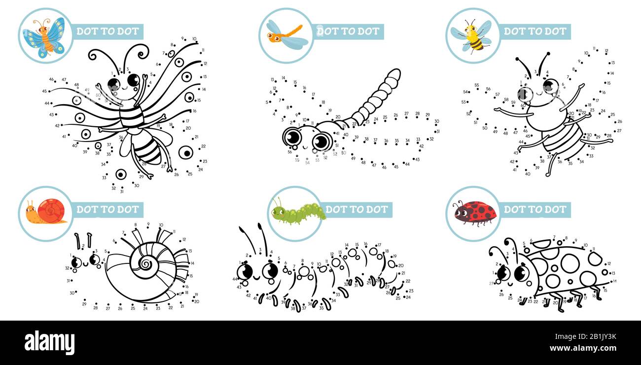 Connect Dots Cartoon Insekten Spiel. Niedliche Insektenbildungsspiele für Kleinkinder, Spiele mit Vektorgrafiken für Kinder in der Vorschule Stock Vektor