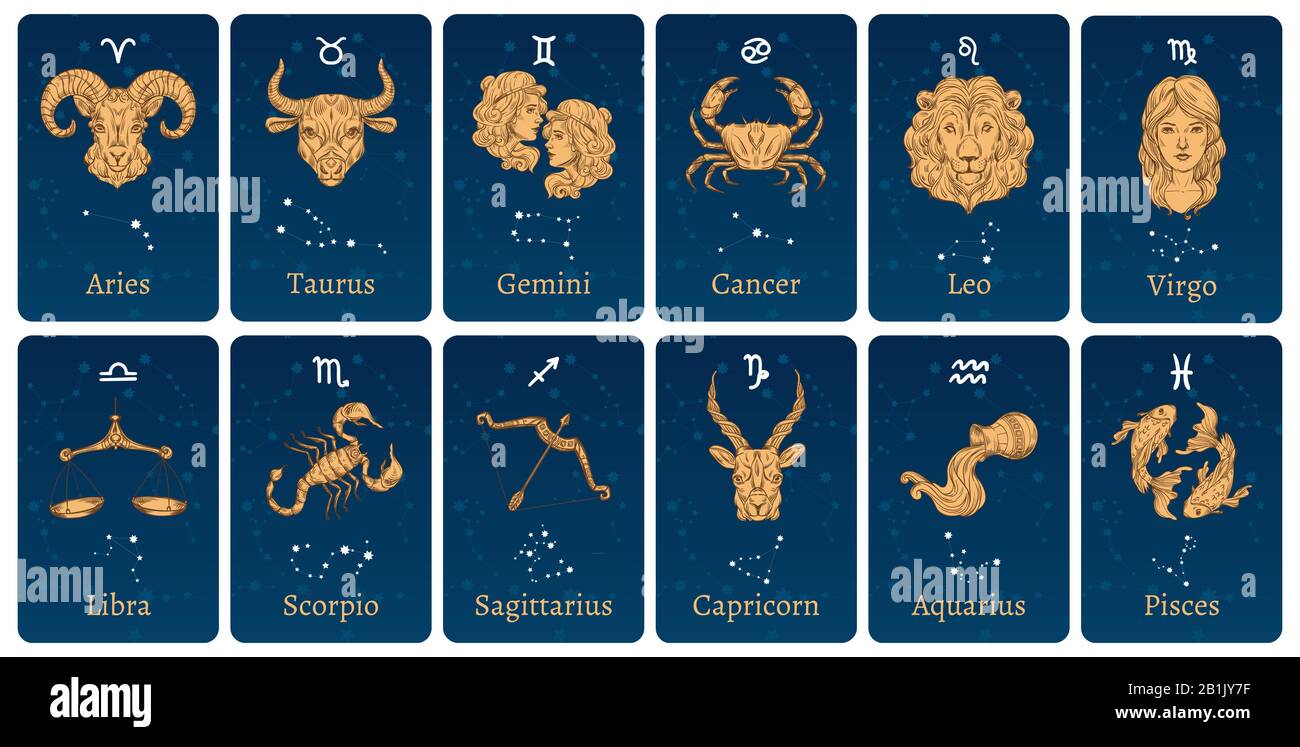 Sternzeichen und Sternzeichen. Horoskop Karten mit Sternenkonstellation, dekorative Tierkreis-Skizze Symbole Vektor-Illustration Set Stock Vektor