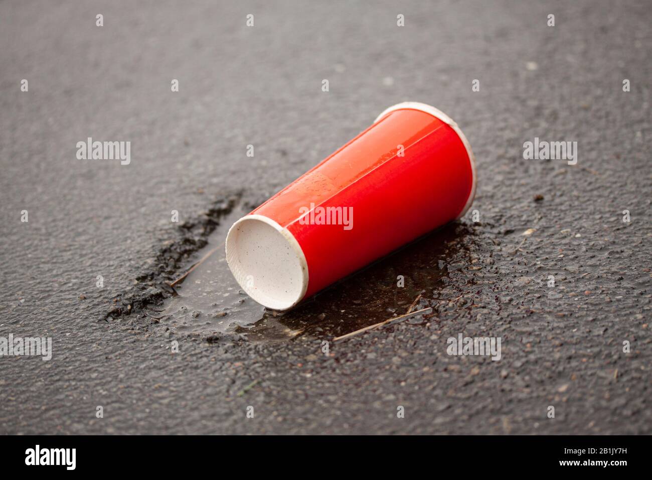 Sodabecher auf Asphaltstraße auf den Boden geworfen. Kunststoff-Wast zerstört den Planeten. Stockfoto