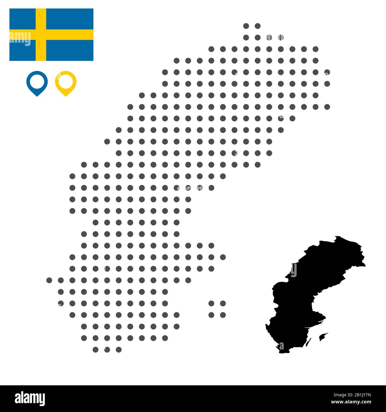 Karte von Schweden mit Flagge und Kartenmarkierung. Vektorgrafiken. Webdesign, Tapete, Flyer, Filmmaterial, Poster, Broschüre, Banner. Stock Vektor