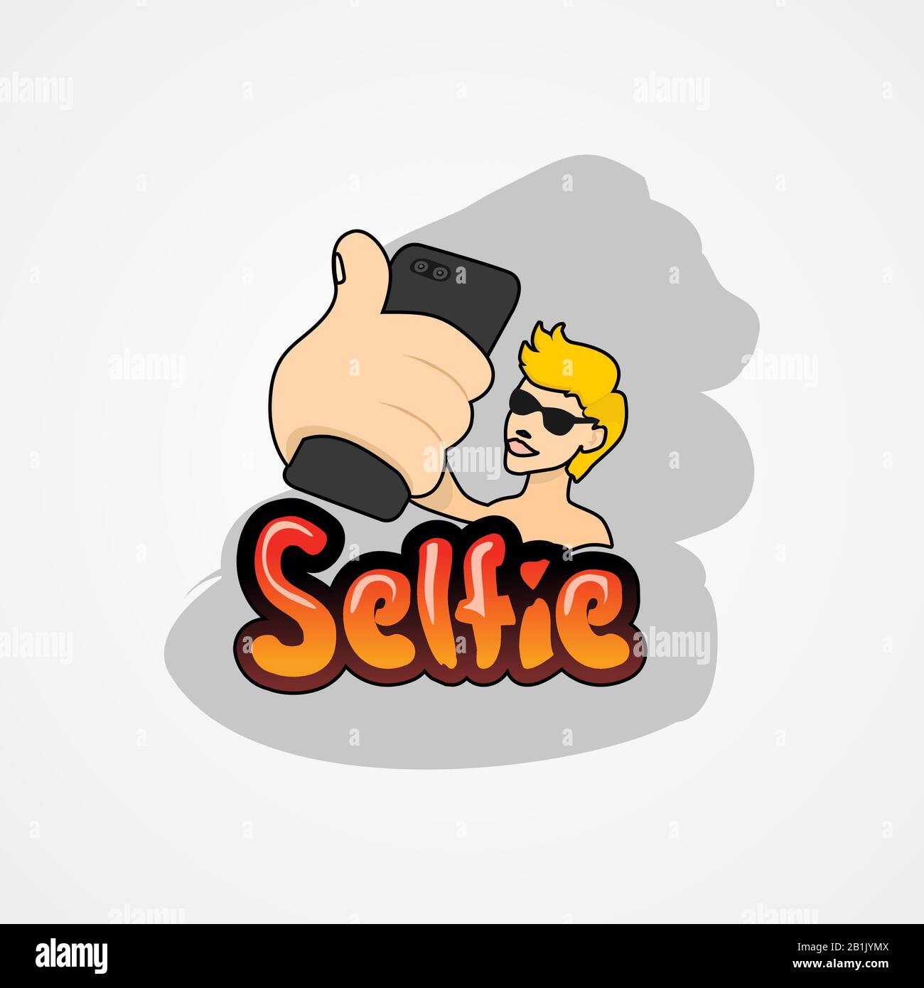 Junger Mann, der selfie mit Smartphone einfache Vektorgrafiken im flachen Stil nimmt. Stock Vektor