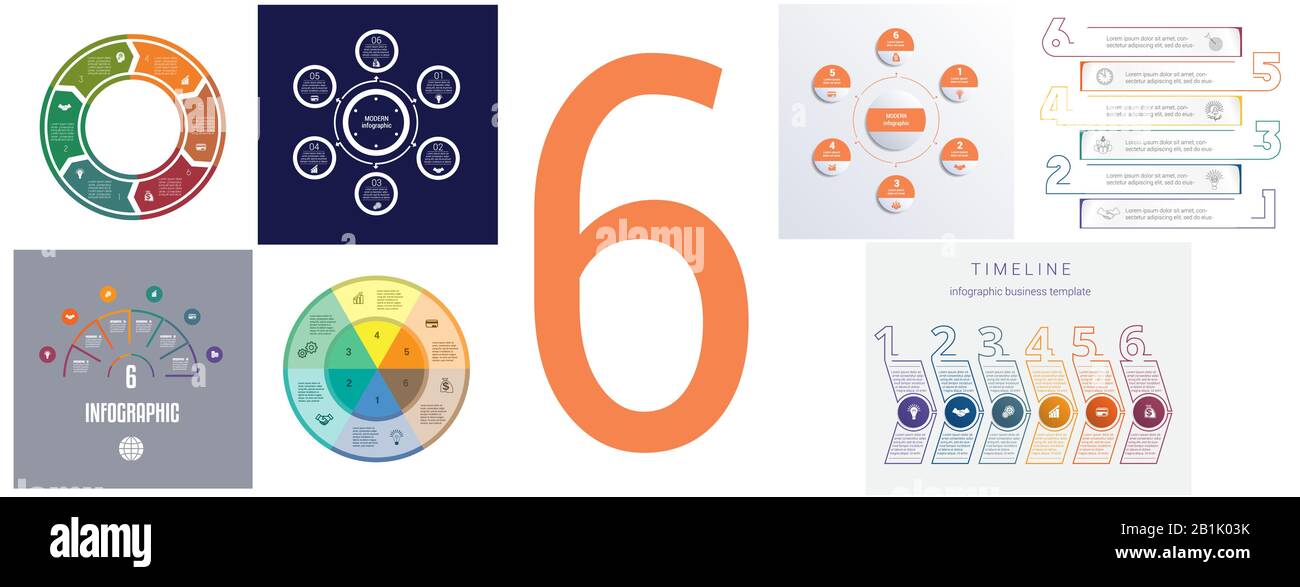 Sieben Vorlagen für moderne Infografik mit 6 Positionen Stock Vektor