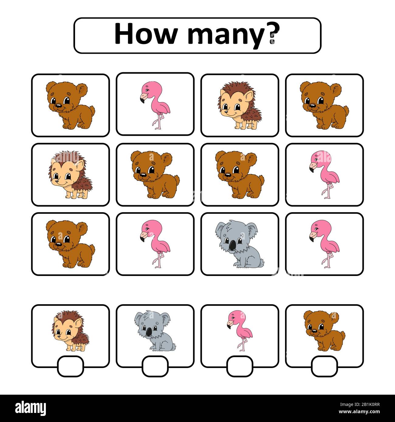 Zählspiel für Kinder im Vorschulalter. Mathematik lernen. Wie viele Tiere auf dem Bild. Mit Platz für Antworten. Einfaches, flach isoliertes Vecto Stock Vektor