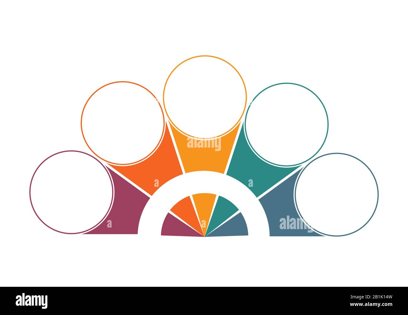 Bunte Halbkreise und Kreise für 5 Positionen. Vorlage für Infografiken in Farbe Stockfoto