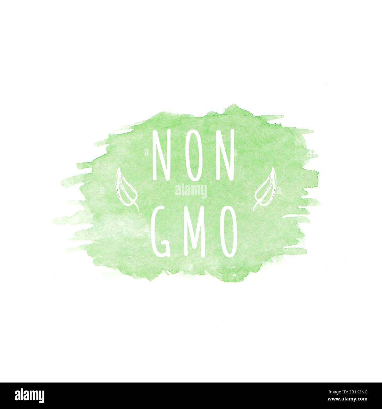 Nicht-GMO. Öko, organische Etiketten. Grün abstrakter, handgezeichneter Aquarellhintergrund. Natürliche, organische Lebensmittel oder kosmetische, bio-ökologische Designelemente. Stockfoto