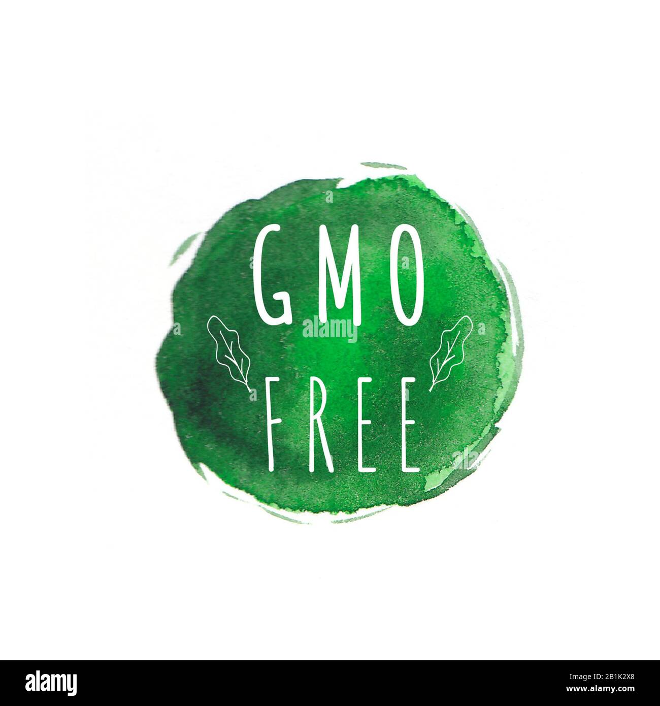 Frei von genetisch veränderten Organismen. Etiketten für ökologische und organische Lebensmittel. Grün abstrakter, handgezeichneter Aquarellhintergrund. Natürliche, organische Lebensmittel, Bio- und Öko-Designelemente. Stockfoto