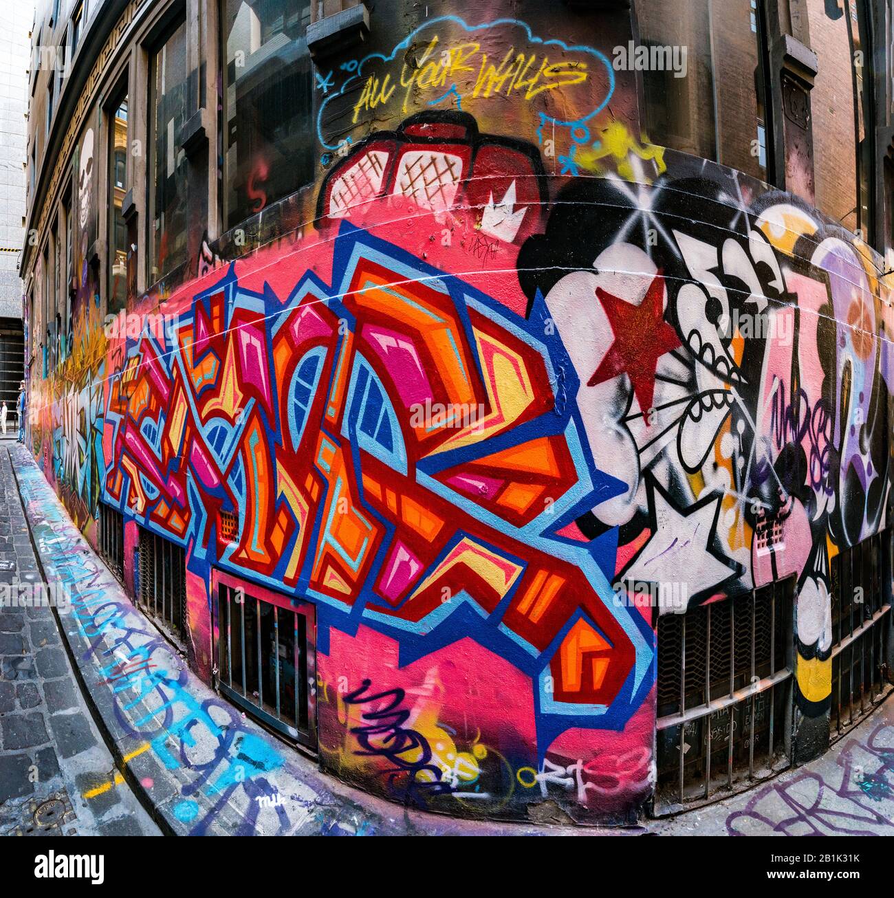 Bunt gestaltete, geometrische Graffiti in gepflasterter steinerner Hintergasse Hosier Street, Melbourne Lanes, Melbourne, Victoria, Australien Stockfoto