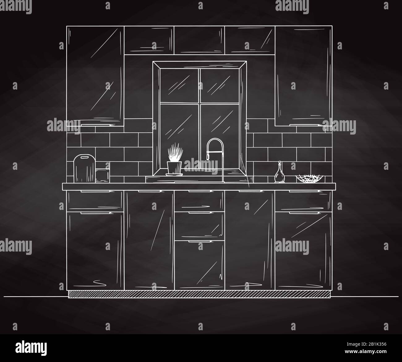 Küche Interier. Küche Möbel mit einem Fenster gegenüber dem Waschbecken. Vector Illustration Stock Vektor