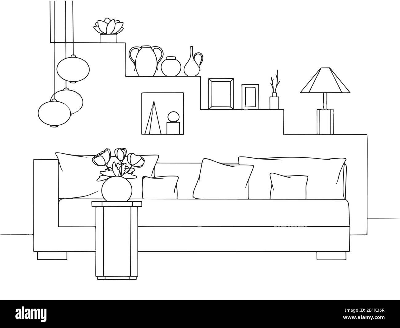 Skizzieren Sie ein gemütliches Wohnzimmer im Boho-Stil. Sofa, Tisch und verschiedene Dekorelemente. Vektorgrafiken im Skizzenstil. Stock Vektor