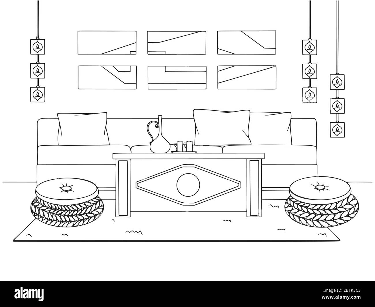 Skizzieren Sie ein gemütliches Wohnzimmer im Boho-Stil. Sofa, Tisch und verschiedene Dekorelemente. Vektorgrafiken im Skizzenstil. Stock Vektor