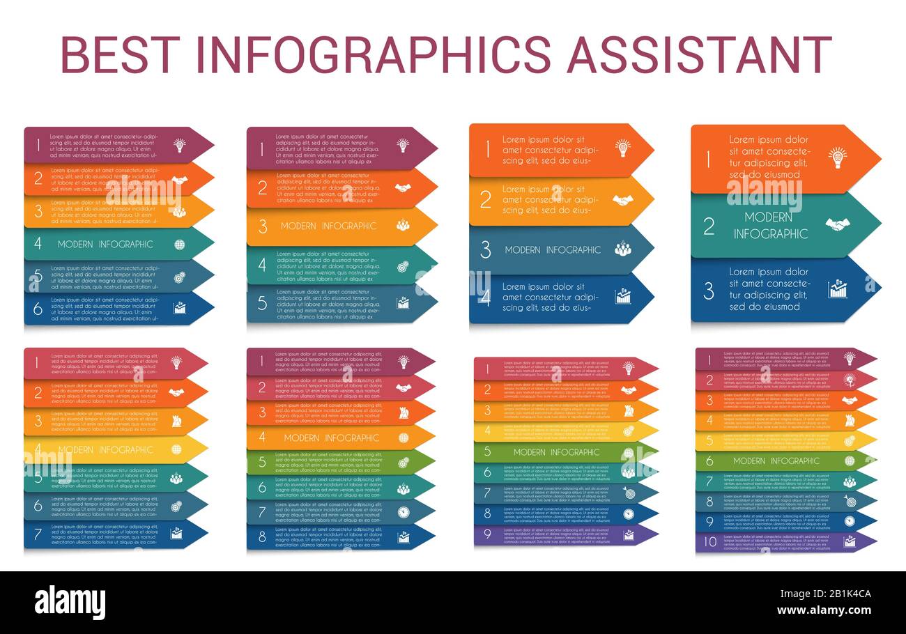 Vorlagen Infografiken horizontale farbige Pfeile Linien 3, 4, 5, 6, 7, 8, 9, 10 Positionen für Text Stock Vektor