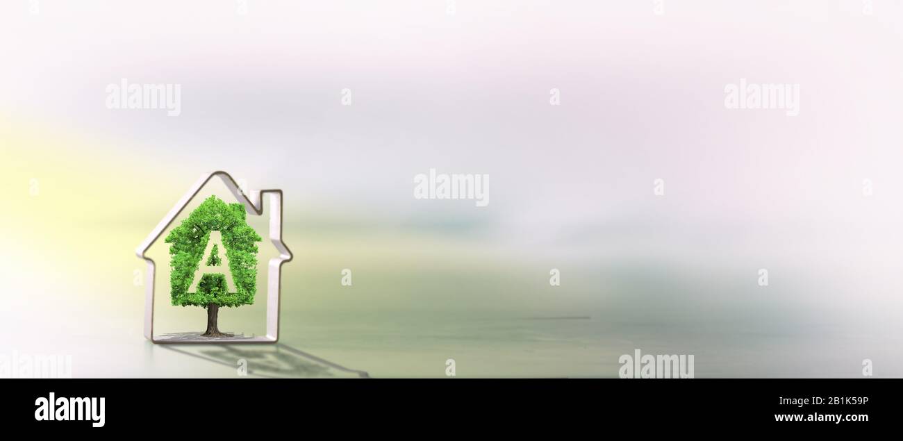 Immobilien-Projekt, grüner Baum, Haus, Ökologie, Energieleistung, Banner, Energiebilanz Stockfoto