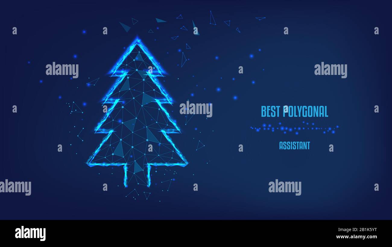 Silhouette des Weihnachtsbaums aus Polygonen und Neujahrsferienkonzept. Hintergrund des schönen dunkelblauen Nachthimmels. Niedrige Poly. Stock Vektor