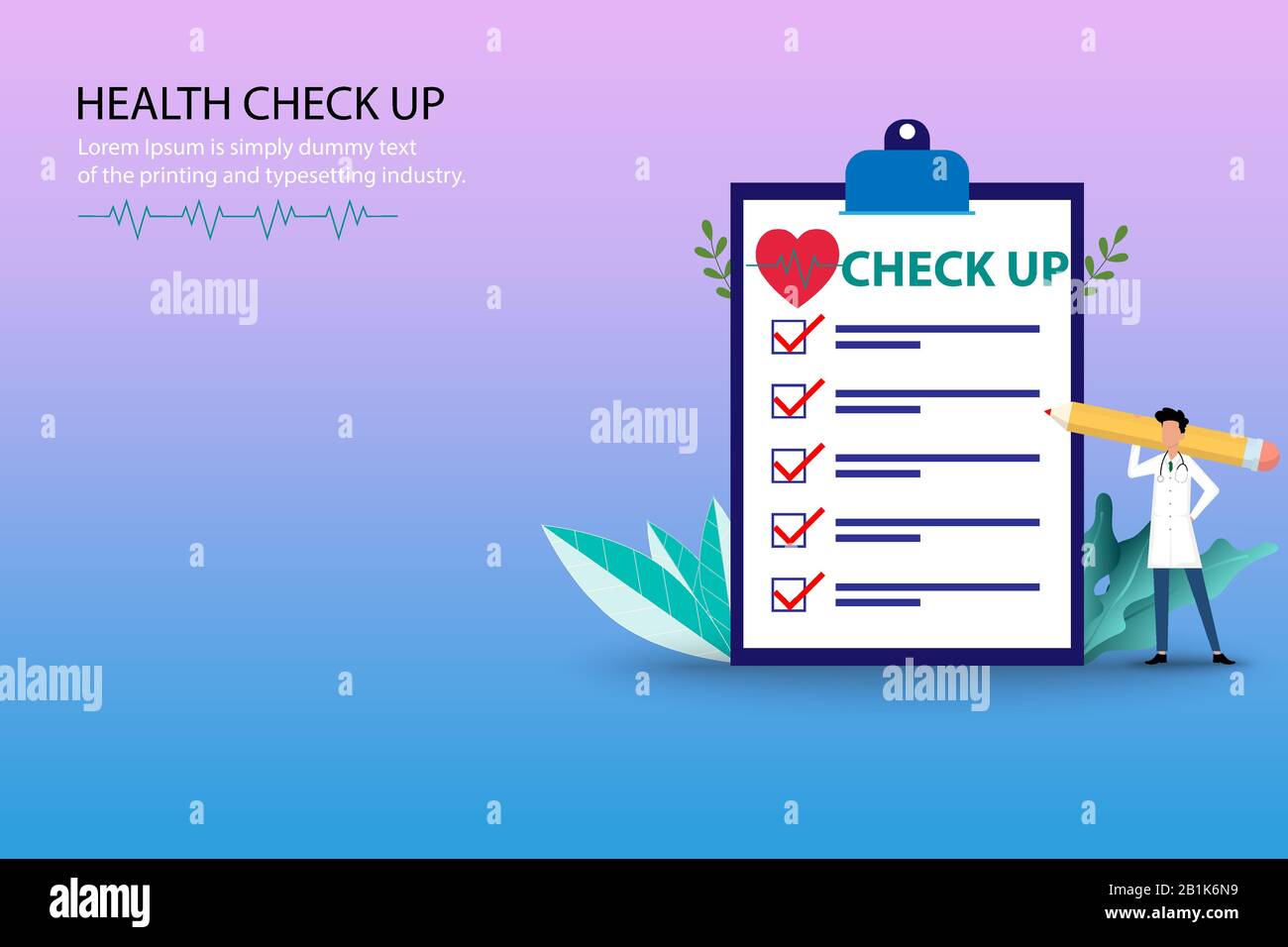 Konzept der medizinischen Gesundheitskontrolle, ein Arzt hält einen großen Bleistift und steht in der Nähe einer großen Tafel von Gesundheits-Checklisten in Pastellfarben Hintergrund. Stock Vektor