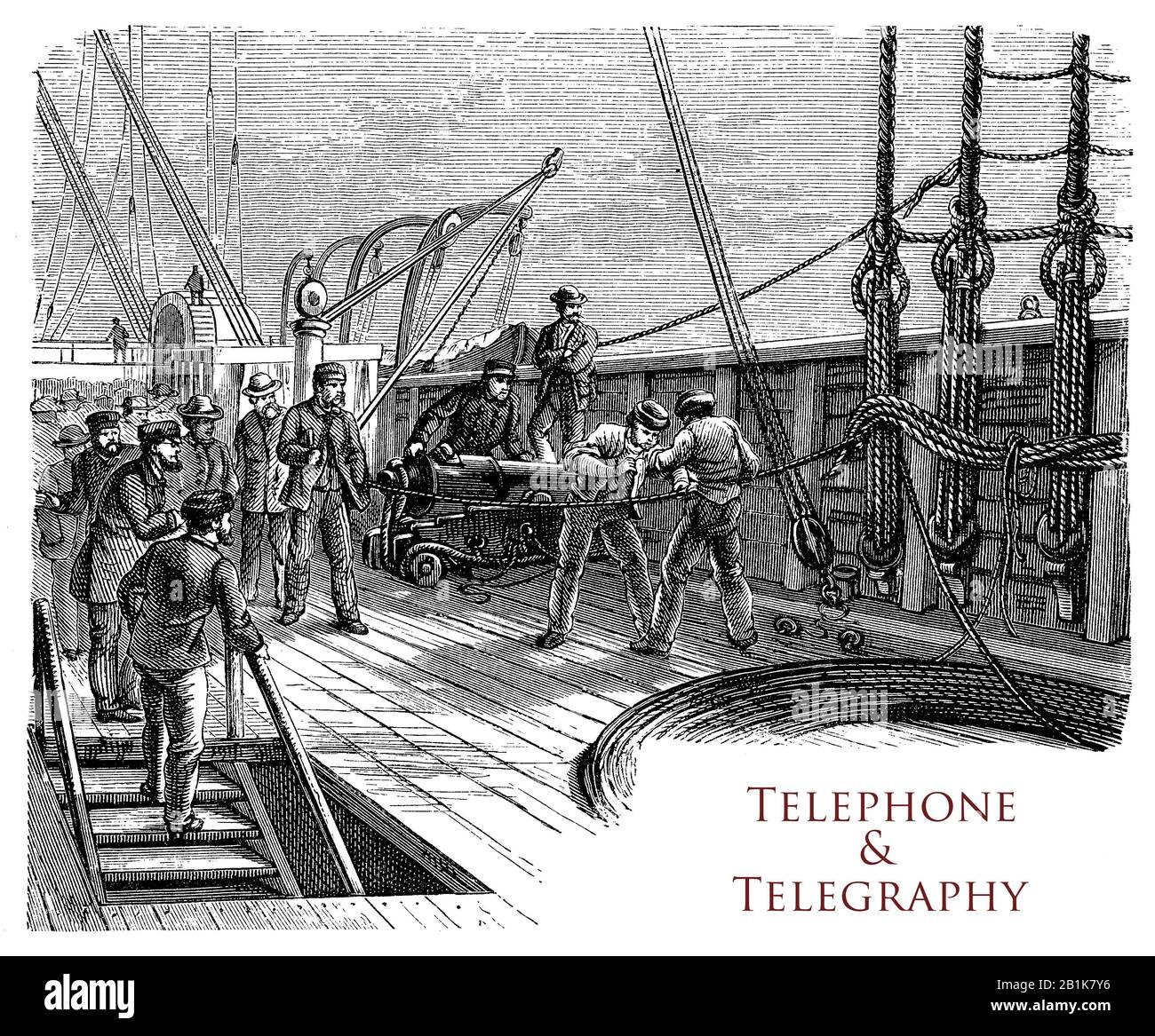 Telefon und Telegrafie: Verlegung von U-Boot-Kabeln auf dem Meeresbett, Vignette des vorderen Kapitels Stockfoto