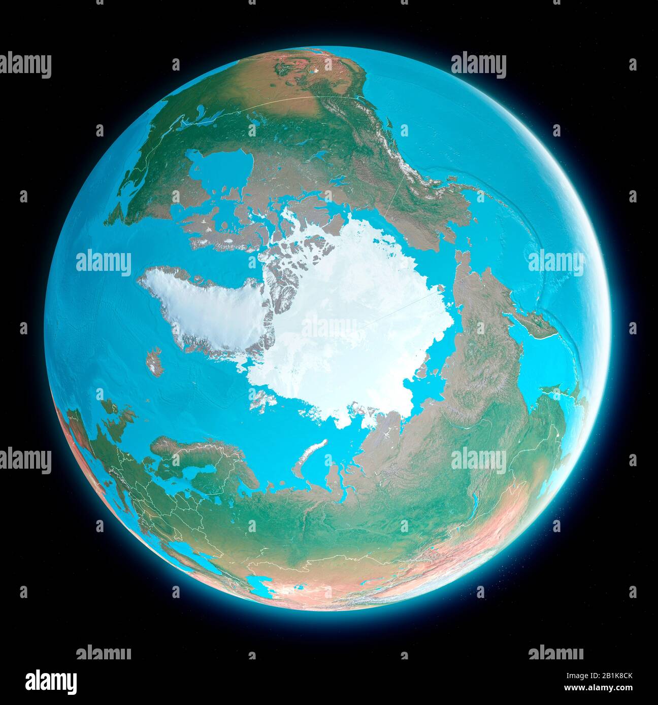Karte des Nordpols. Arktis, Eis, Schmelzen, Klimawandel. Klimaschutz. Wissenschaftliche Expedition. Satellitenansicht der Welt. 3D-Rendering Stockfoto