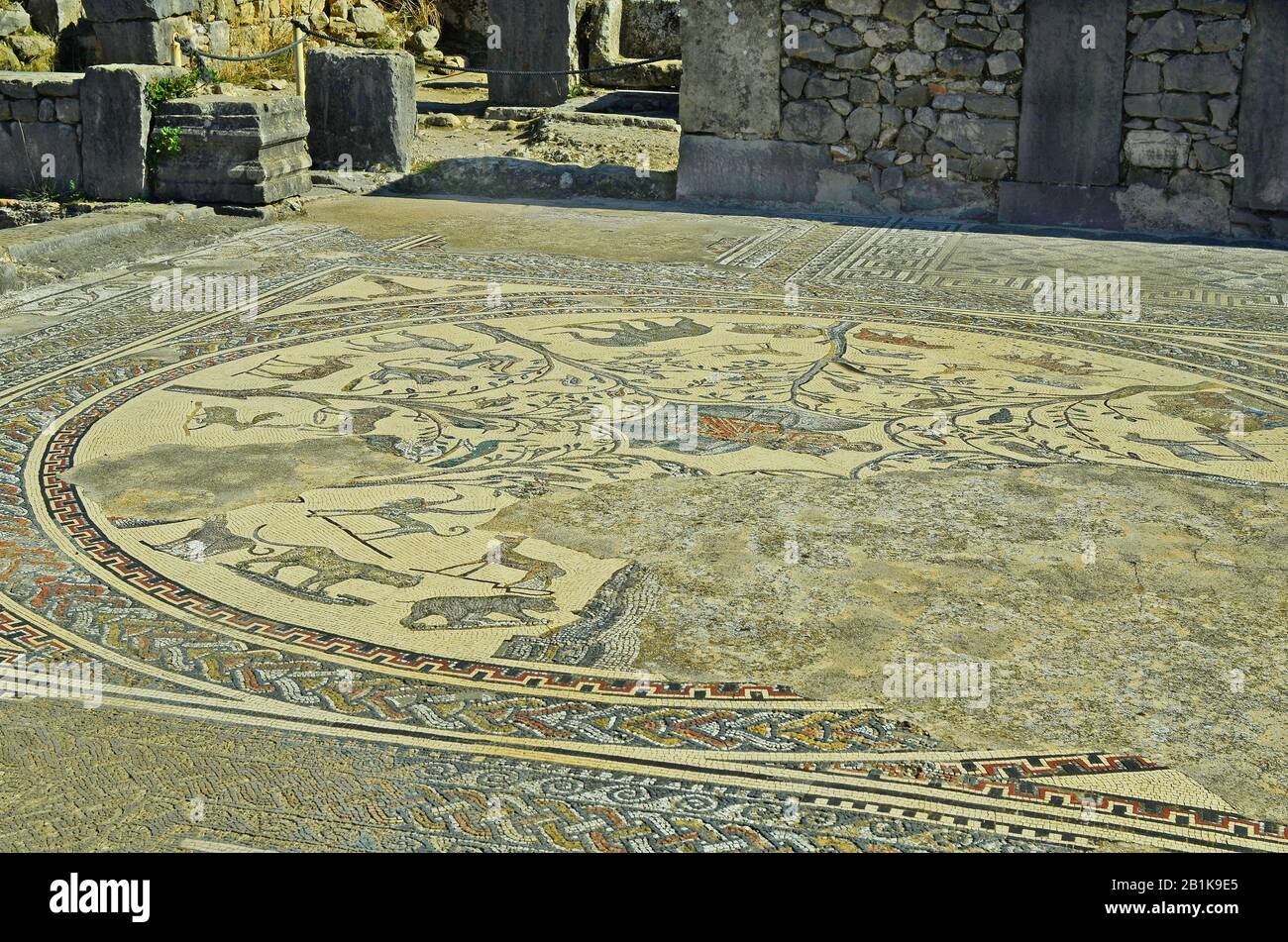 Marokko, Unesco-Weltkulturerbe der antiken römischen Siedlung Volubilis alias Walili, Mosaik mit singenden Orpheus Stockfoto