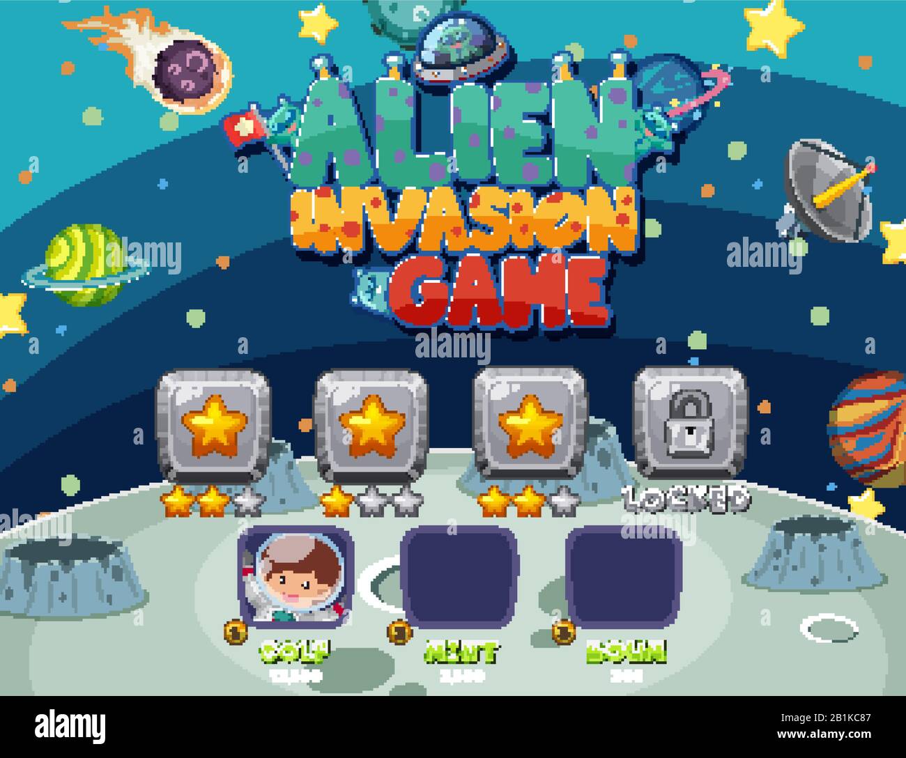 Spielvorlage mit Alien-Invasion in der Raum-Illustration Stock Vektor