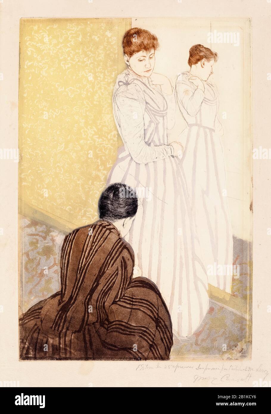 Mary Cassatt, farbiger Trockenpunktdruck, The Fitting, 1890-1891 Stockfoto
