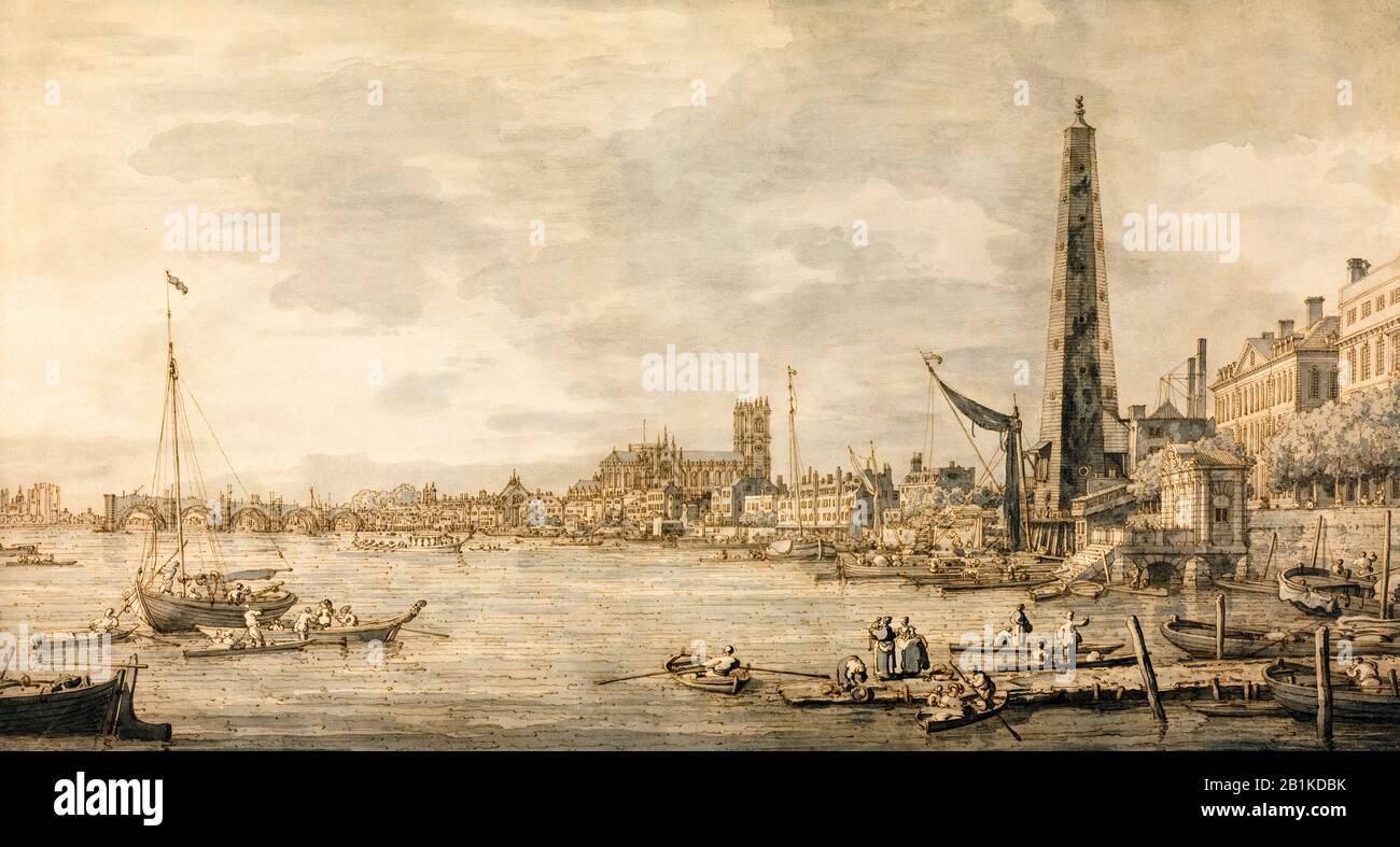Canaletto, Die Stadt Westminster aus der Nähe des York Water Gate, der Themse, London, Landschaftsgemälde, 1746-1747 Stockfoto
